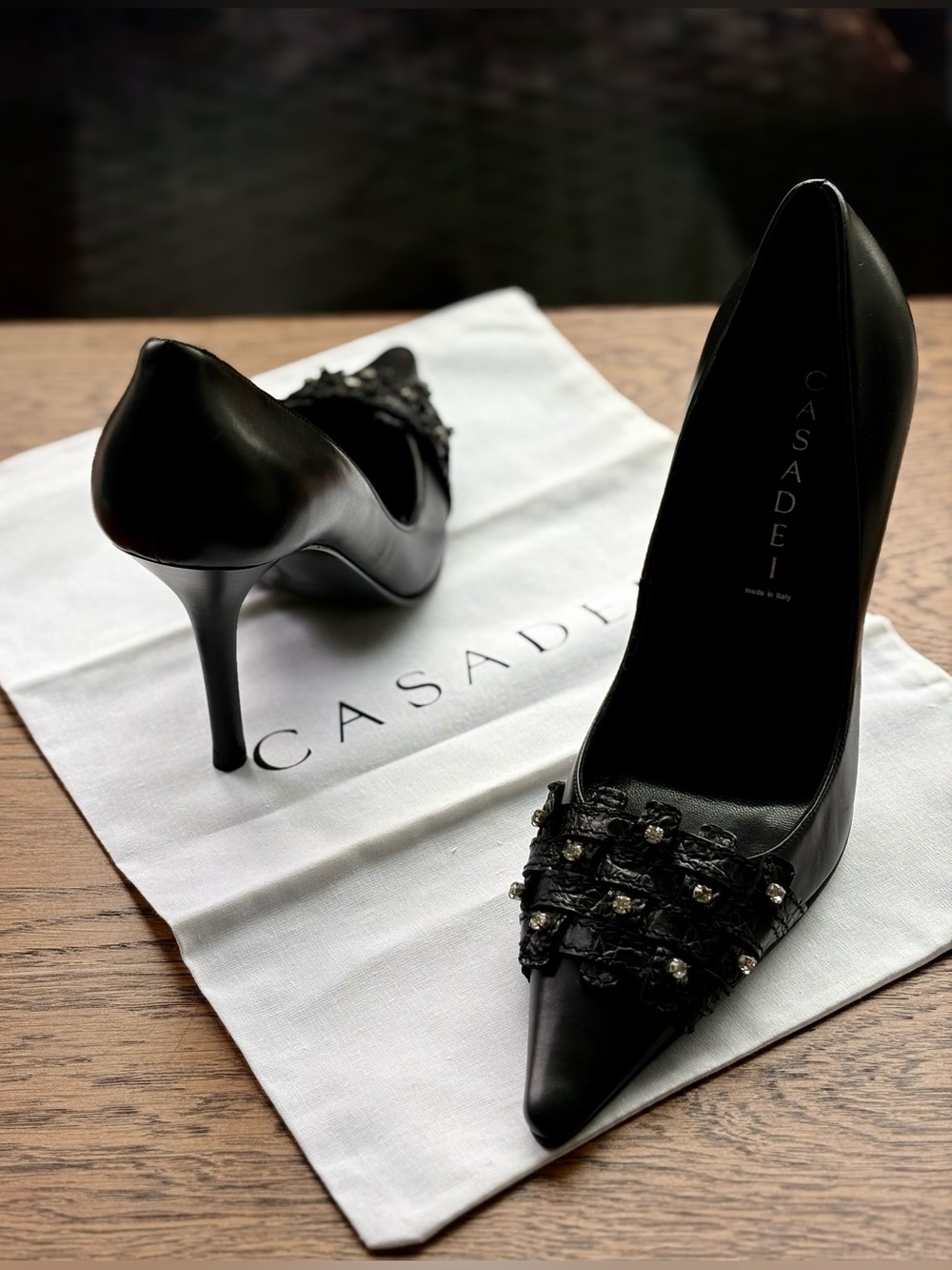 ARCHIVAL CASADEI Black Leather Crystal Woven Pointed Toe Pumps Size IT 37 /US 7